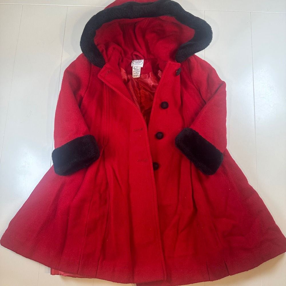 Talbots Kids Wool Hooded Coat Girls 4 Red Faux Fur Trim Winter Holiday Classic
